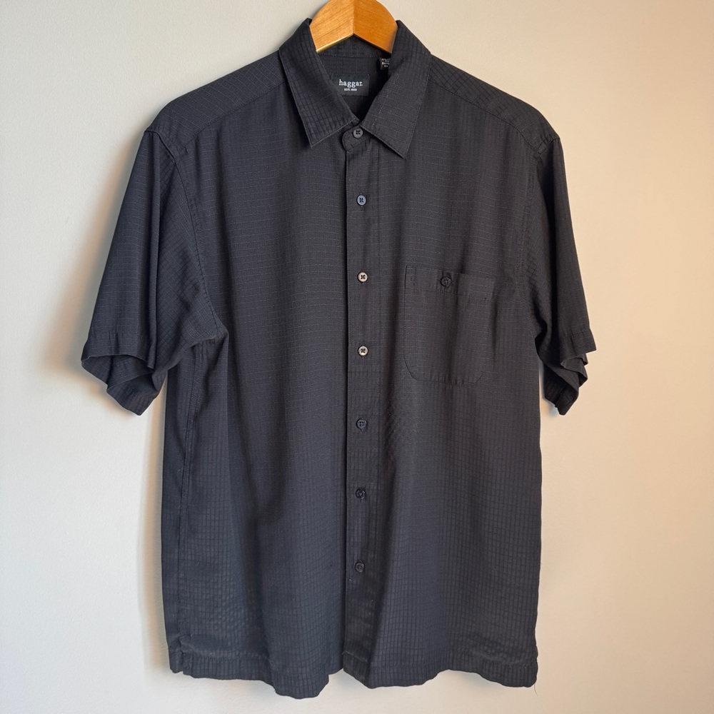 Haggar‎ Men's Short Sleeve Jacquard Textured Button Up Shirt Black Size M Casual
